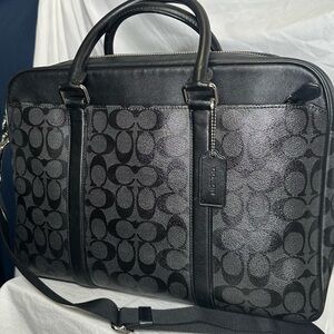COACH Signature Logo Black Gray Crossgrain Leather Briefcase Laptop Work Bag